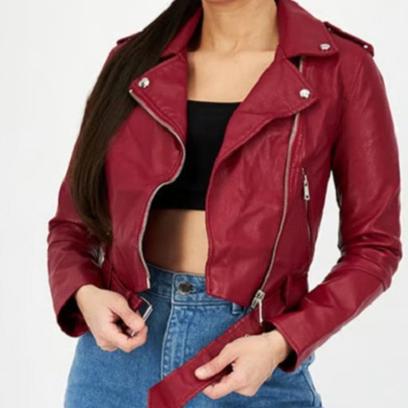Red Moto Jacket - Belted - Urban - Trendy - Elegant - Asymmetric Zip Front - Picture 7 of 10